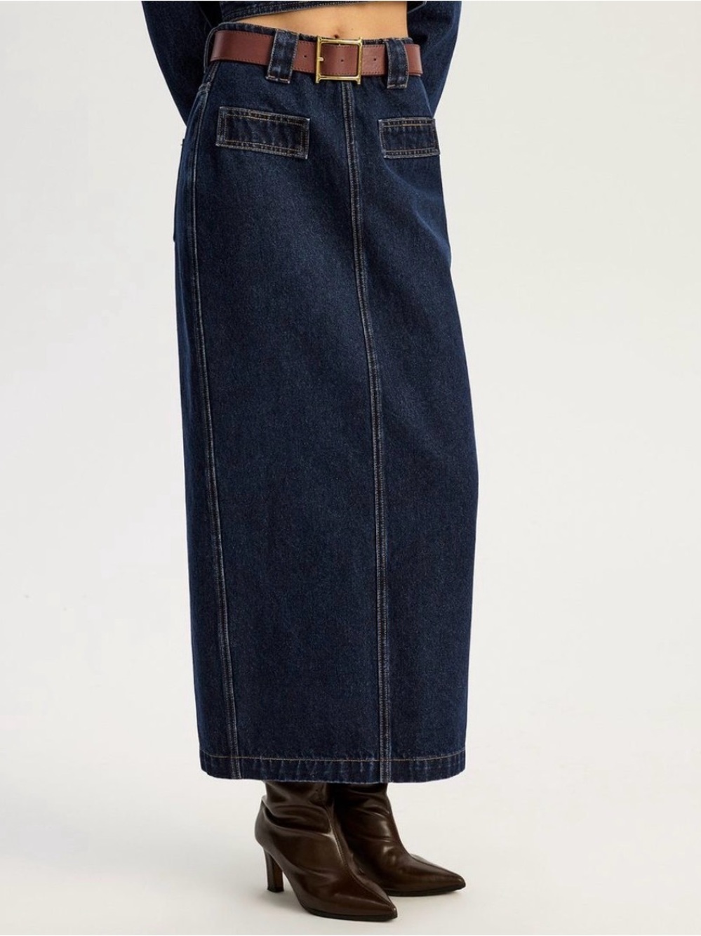 Commence Dark Wash Denim Maxi Skirt w Front/rear pockets, deep slit in back sz M - Picture 7 of 8